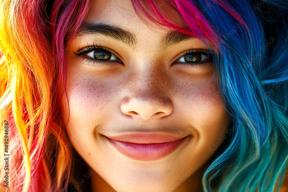Fototapeta premium Long hairdo - multicolored hair. Commercial advertising visual idea. Pretty happy mixed-race girl - for ads, banner and online marketing use. Vibrant hair artistry. Long hair trends.