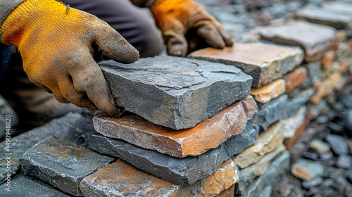 Stone mason stacking natural stones with gloves on construction site  