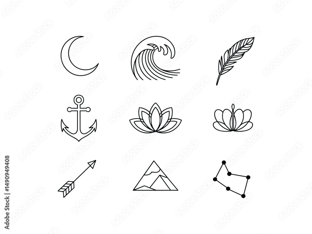 Fototapeta premium Minimalist line art icons set moon wave feather anchor lotus flower arrow mountain constellation
