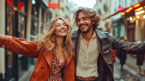 Happy couple laughing and embracing in a colorful city street  