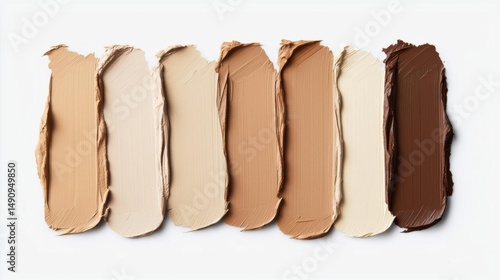 Set of nine swatches of foundation or concealer in different shades of beige, brown, and light beige.