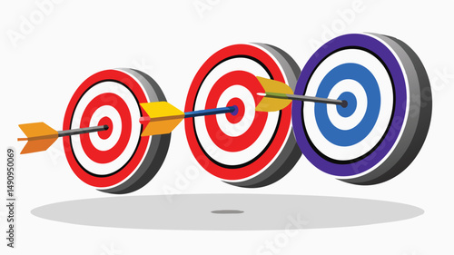 Achieving success conceptual illustration of arrows hitting the bulls eye on multiple targets