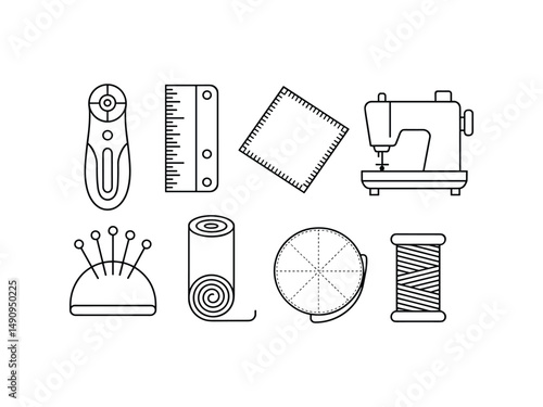 Sewing kit essentials line art icons design elements