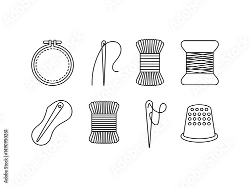 Sewing kit essentials line art icons embroidery thread needle thimble
