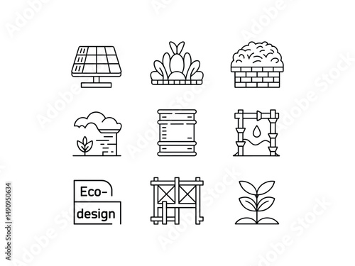 Sustainable eco design icons set renewable energy green technology