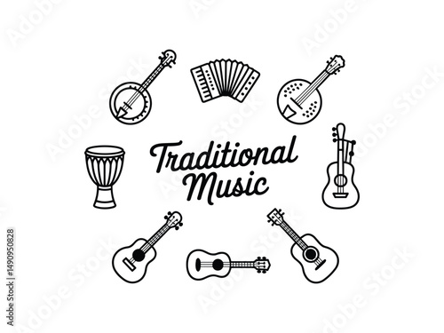 Traditional folk music instruments banjo guitar ukulele accordion djembe