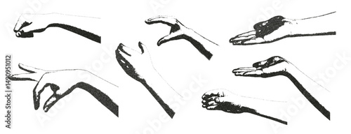 Photocopy effect female hands with holding gesture collage set. Cutout opened arms palm for mixed media design. Pieces of retro newspaper or magazine elements. Vector retro illustration isolated.
