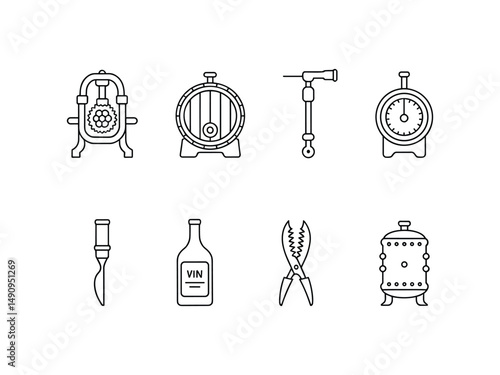 Winemaking equipment icons set vintage tools barrel bottle