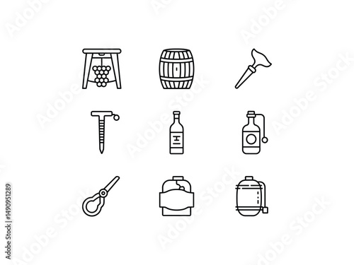 Winemaking equipment icons set barrel grapes bottle tools