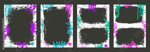 Grunge white diptych templates frames. Graffiti spray art mockup sticker backgrounds set. Double borders with airbrush lines. Ink decor for photo and text. Overlay vector retro textures on posters.