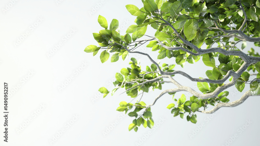 Lush green leaves on twisting branch create serene and calming atmosphere, perfect for nature lovers and tranquil settings Lush green leaves on twisting branch create serene and calming atmosphere, perfect for nature lovers and tranquil settings