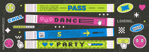 Y2k faces stickers shapes and hand bracelet tickets set. Music festival, party, concert wristbands, patches in retro rave style. Paper show stamps and pixel labels. Vector promo tags and 8 bit badges.