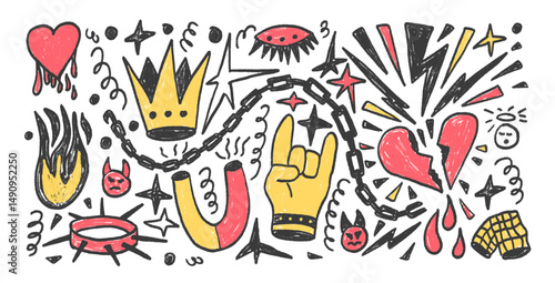 Rock crayon set. Punk breaking heart doodle background. Scribble grunge hand sign poster elements. Devil horns and crown. Vector marker hand drawn illustration.