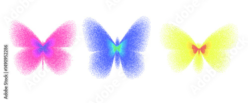 Colorful groovy butterflies figures with grain noise gradient. Y2k retro stippling psychedelic butterfly insects forms set icons isolated. Vector vibrant illustration with pink, blue gradation.