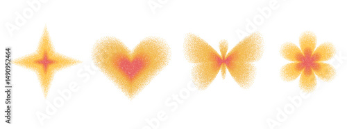 Colorful simple figures with grain noise gradient. Y2k retro stippling forms set. Butterfly, flower, heart and star icons isolated on white background. Vector orange and red illustration.