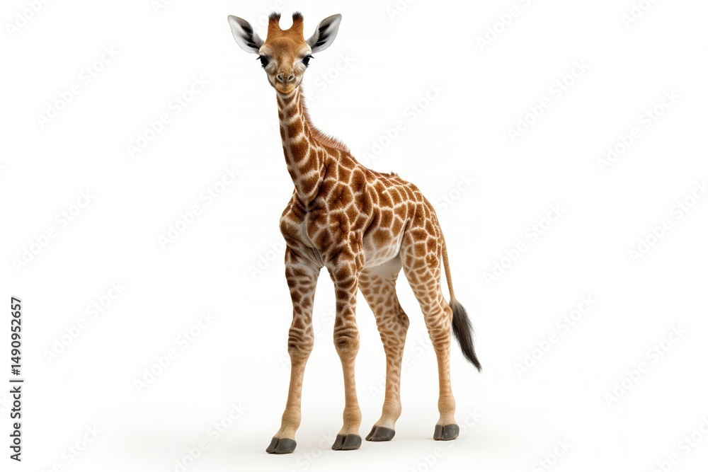 Fototapeta premium A baby giraffe, with its long neck and spotted pattern, standing tall on a white background