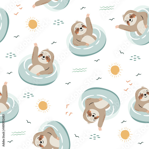 Seamless vector pattern. Cute sloth swimming in inflatable circle, summer elements on white background . Vector illustration