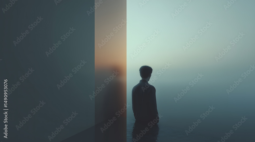 Obraz premium A solitary figure sits at the edge of a surreal, minimalist landscape, divided by a glass wall reflecting dusk and dawn, symbolizing introspection and duality.