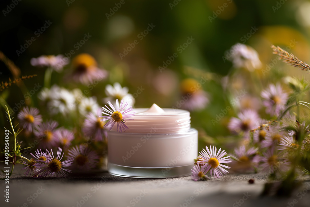 Open jar of cream with small petals resting on top of product, background softly blurred with wildflowers. Open jar of cream with small petals resting on top of product, background softly blurred with wildflowers.