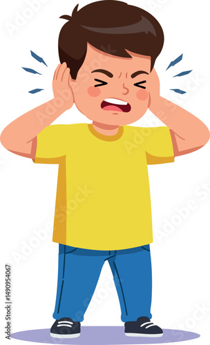 Boy covering ears in yellow shirt expressing frustration vector illustration 