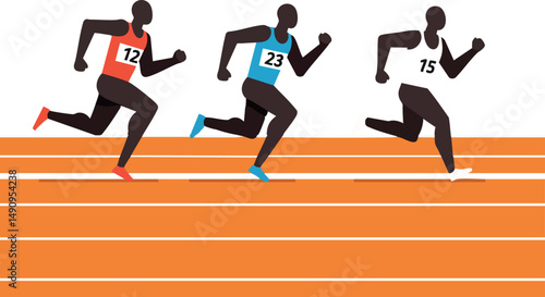 Three male runners competing in a sprint race on an orange track vector illustration 