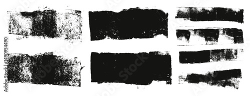 Grunge eroded line textures set. Ink roller background. Vintage rectangles imprint. Dry black brayer straight striped on white background. Painted relief stains. Vector lino eroded wide dirty form.