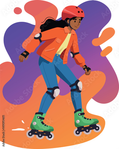 Young woman rollerblading with protective gear in vibrant orange and purple background vector illustration 