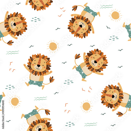 Seamless vector pattern. Cute happy lion in swimming trunks, summer elements on white background . Vector illustration