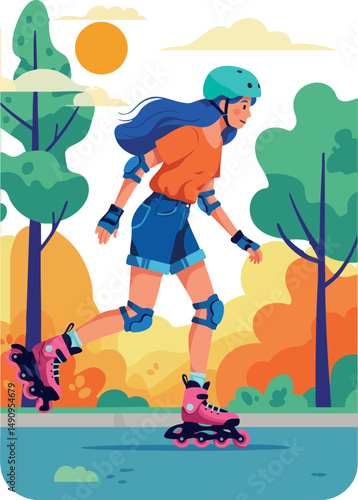 Woman roller skating outdoors with safety gear in autumn park landscape vector illustration 