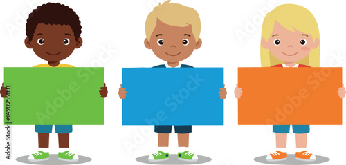 Diverse children holding colorful blank signs green blue orange vector illustration 