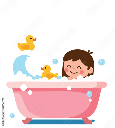 Child enjoying bath time with yellow rubber ducks in pink bathtub vector illustration 