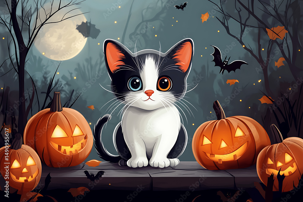 Adorable black and white kitten surrounded by carved pumpkins on a spooky Halloween night Adorable black and white kitten surrounded by carved pumpkins on a spooky Halloween night
