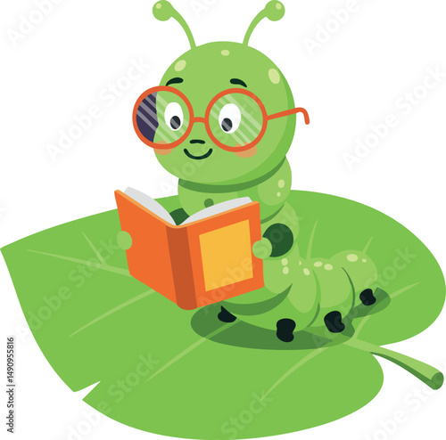 Green caterpillar reading book on leaf with glasses vector illustration 