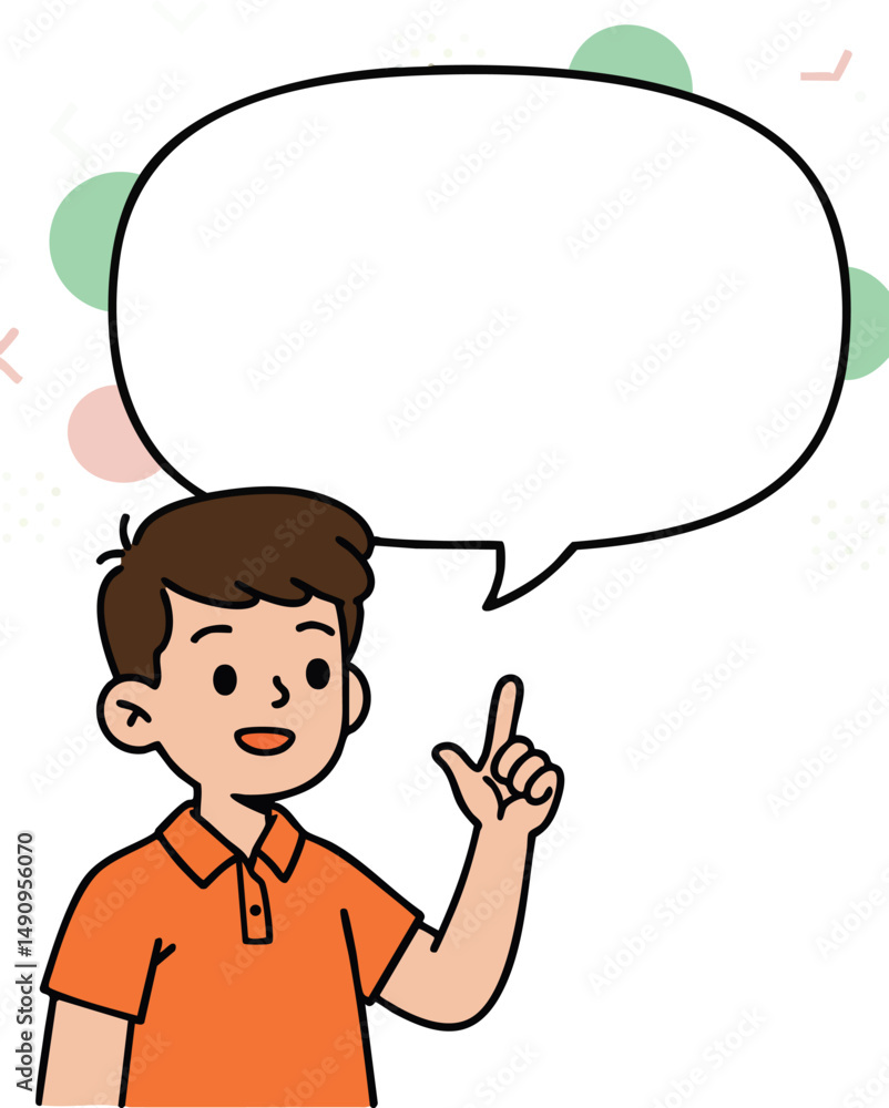 Boy in orange shirt speaking with blank speech bubble vector illustration Boy in orange shirt speaking with blank speech bubble vector illustration