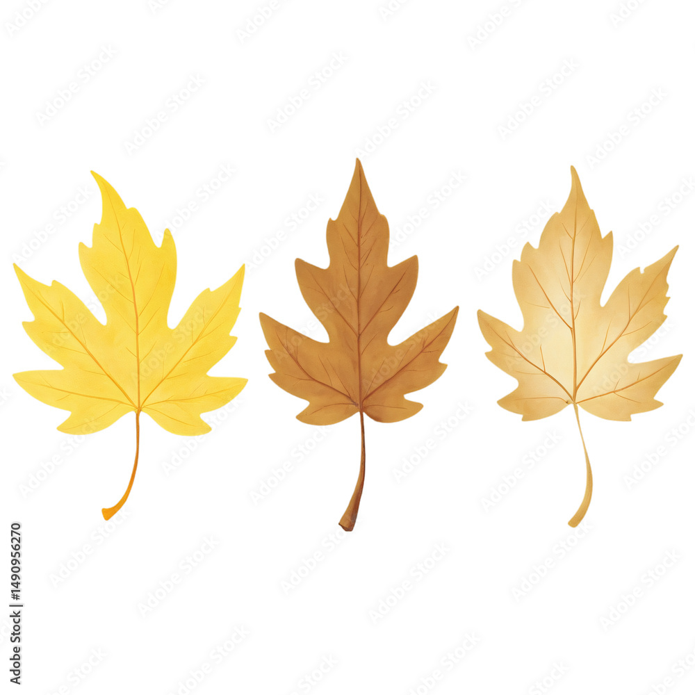 Fototapeta premium Three autumn leaves golden hues fall colors