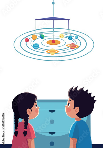 Children observing solar system model with planets and orbit rings educational vector illustration 