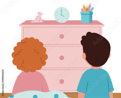Children watching clock on pink dresser with stationery and toy in bedroom vector illustration 