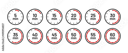 Round stopwatch chronometer deadline. Clocks icon. Timers with different minutes. Countdown timer set. Vector illustration. Flat design. Cooking indicators on white background.