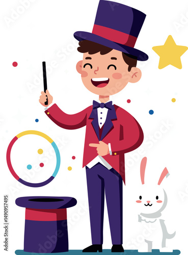Young magician performing magic trick with rabbit and top hat illustration vector 