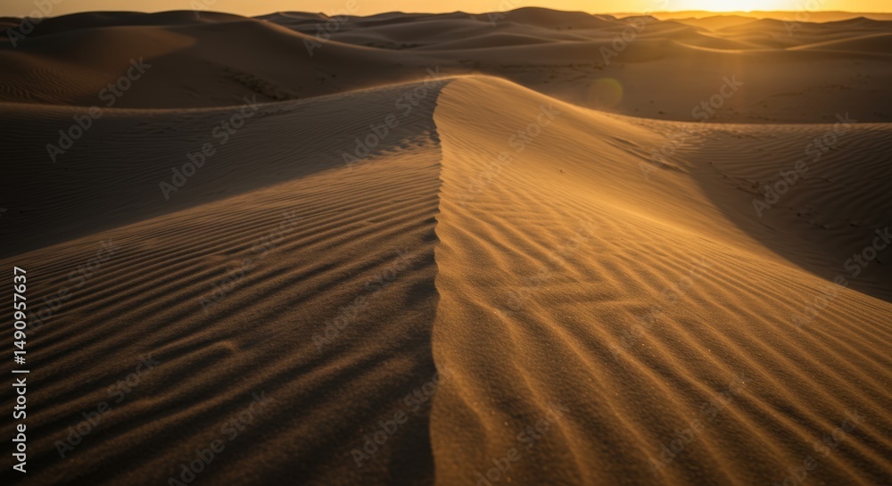 Naklejka premium Golden Hour at the Desert , Serene Sand Dunes Landscape at Sunset