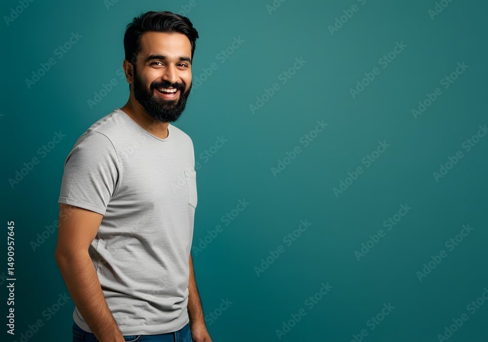 Fototapeta premium Smiling man portrait against teal background