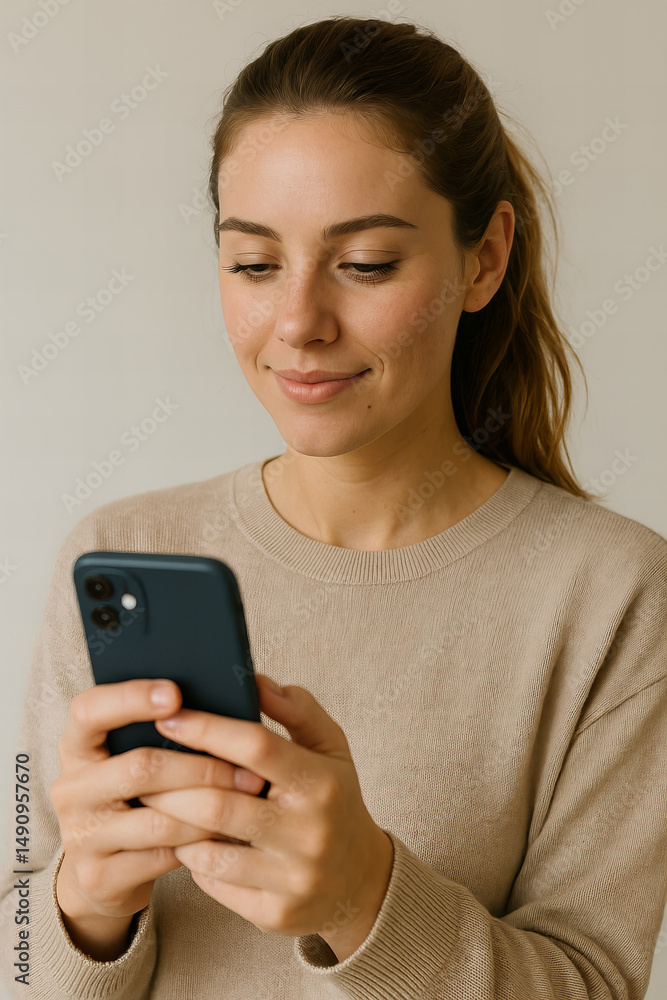Young woman focused on her smartphone in a neutral-toned room during daytime Young woman focused on her smartphone in a neutral-toned room during daytime