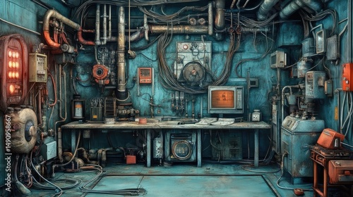 Cluttered steampunk workshop interior with vintage tech and machinery.