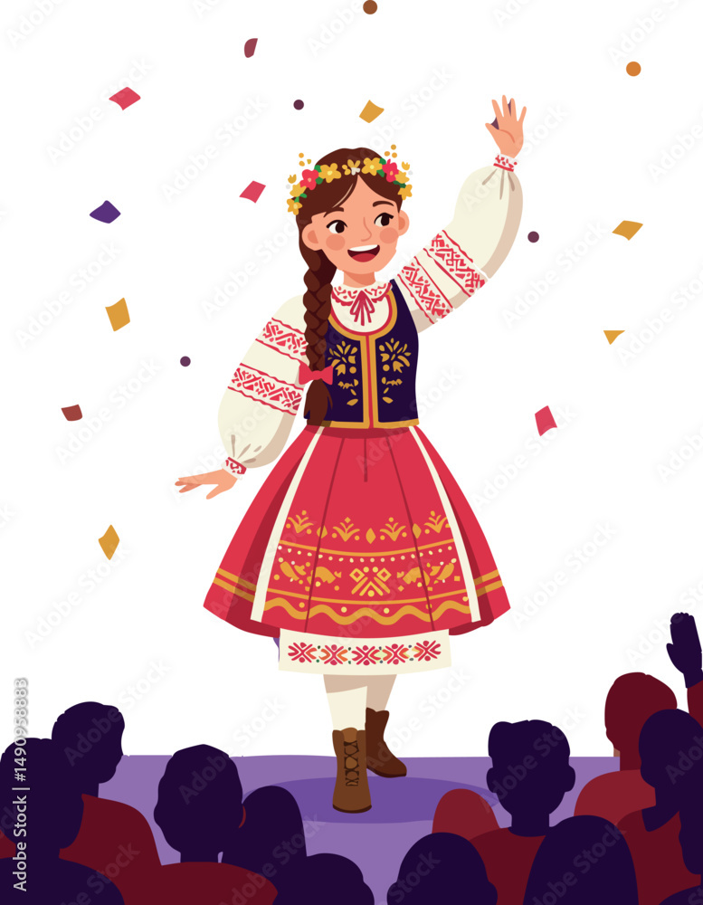 Fototapeta premium Girl in Traditional Dress Dancing on Stage with Confetti and Audience Vector Illustration 