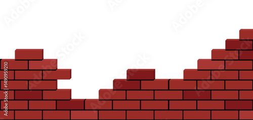 Illustration of Irregular Red Brick Wall Being Built. Transparent Background.