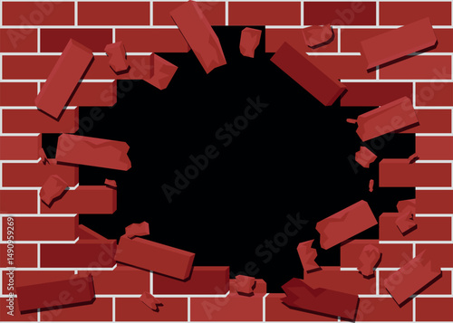 Red Brick Wall Being Broken with Hole - Vector Illustration, Removable Black Background for Transparency.