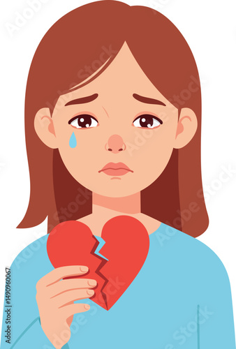 Sad girl holding broken heart emotional loneliness and heartbreak vector illustration 
