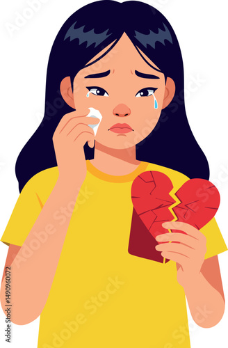 Sad girl crying holding broken red heart emotional vector illustration 
