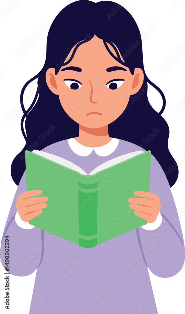 Girl Reading Green Book with Focused Expression in Vector Illustration Girl Reading Green Book with Focused Expression in Vector Illustration