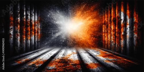 Abstract cosmic explosion in dark industrial corridor with glowing orange and white light, grungy textured walls and star particles